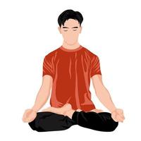 Ilustración de stock de vector de hombre de yoga. meditación masculina el chico está sentado en la posición de loto. deportes en casa. relajación. Aislado en un fondo blanco.