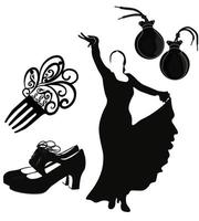 conjunto de iconos de flamenco ilustración vectorial de stock. castañuelas, zapatos. musica tradicional española. siluetas negras aisladas sobre un fondo blanco. vector