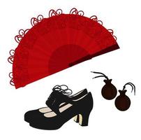 conjunto de iconos de flamenco ilustración vectorial de stock. castañuelas, zapatos, veleta. musica tradicional española. siluetas negras aisladas sobre un fondo blanco. vector