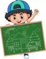 A boy holding board with a doodle sketch design on white background vector