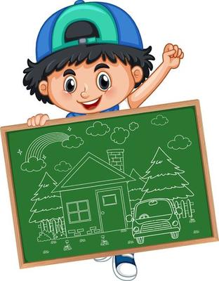 A boy holding board with a doodle sketch design on white background