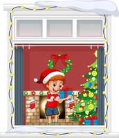 View through the window of cartoon character in Christmas theme vector