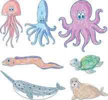 A paper with a doodle design of the different sea creatures with colour vector