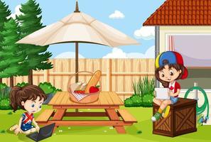 Two girls hanging out in garden vector