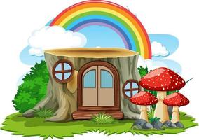 Fantasy stump house with rainbow in the sky vector