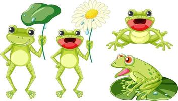 conjunto de diferentes ranas verdes lindas en estilo de dibujos animados