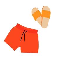 Orange men's shorts and orange sandals vector stock illustration. Summer beach wear for leisure. Isolated on a white background.