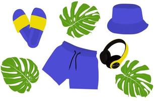Men's summer beach clothes vector stock illustration. Blue shorts, yellow headphones, slates and a panama hat from the sun. Summer illustration of pool and swimming clothing. Isolated on a white backg