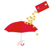 Money rain vector stock illustration. Red umbrella and coins. Investments, dividends, bank deposits. Isolated on a white background.