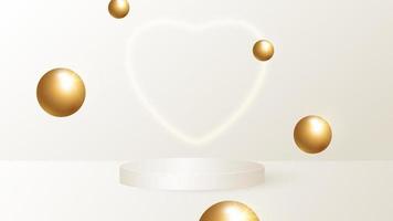 A minimalistic scene with a beige cylindrical podium and flying golden balls. Scene for the demonstration of a cosmetic product, showcase. Vector illustration