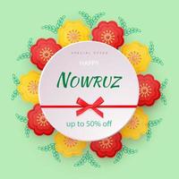 Greeting card with Novruz holiday. Novruz Bayram background template. Spring flowers, painted eggs and wheat sprouts.Discounts for the holiday Vector illustration.