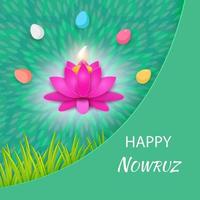 Postcard with Novruz holiday. Novruz Bayram background template. Lotus flower, candle fire, painted eggs and wheat germ. Vector illustration.