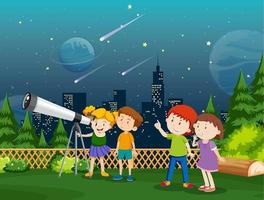 niños mirando el planeta con telescopio vector