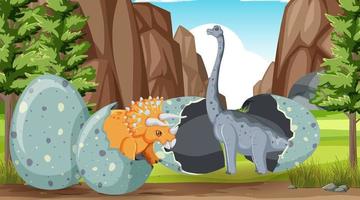 escena con triceratops y brachiosaurus en el bosque vector