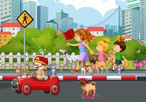 escena de la ciudad con niños jugando con perros vector