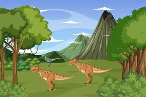 escena con dinosaurios en el bosque vector