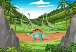 escena con dinosaurios en el bosque vector