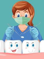 Dentist holding instruments and examining teeth on green background vector