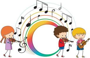 niños tocando instrumentos musicales y pancartas notas musicales coloridas