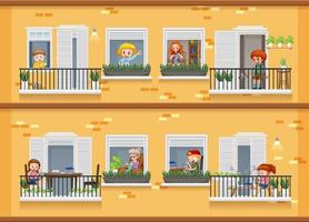 Apartment windows with neighbors cartoon character vector