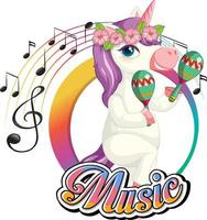 Cute purple unicorn shaking maracas with music notes on white background vector