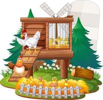 An isolated scene with a group of chickens in cartoon style vector