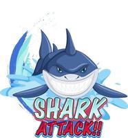 un logotipo marino con un gran tiburón azul y texto de ataque de tiburón vector