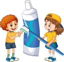 Children holding toothpaste and toothbrush on white background vector