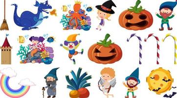 Set of isolated fairytale cartoon characters and objects vector