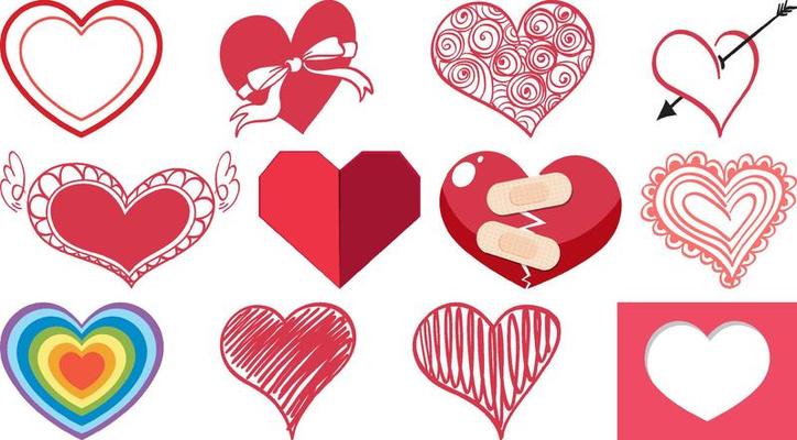 Different style of hearts isolated on white background