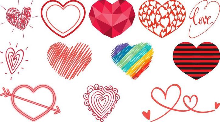 Different style of hearts isolated on white background