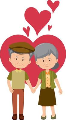 Old couple holding hands with red heart