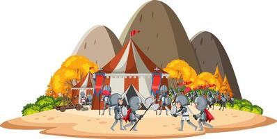 Isolated Medieval landscape with knights fighting vector