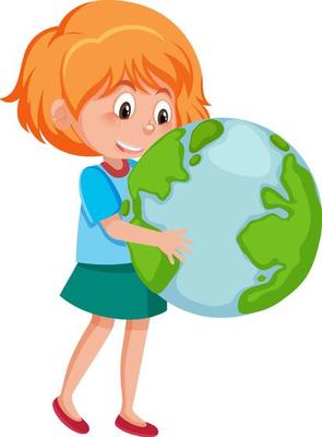 Happy girl holding earth globe cartoon character