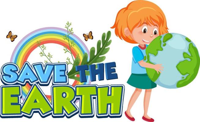 Save The Earth banner with two girls holding earth globe