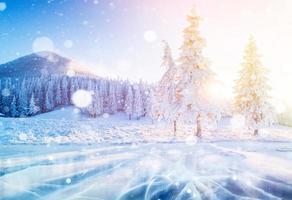 Mysterious winter landscape majestic mountains in winter. Magical winter snow covered tree. Photo greeting card. Bokeh light effect, soft filter.