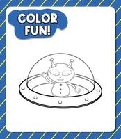 Worksheets template with color fun text and UFO outline vector