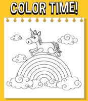 Worksheets template with color time text and rainbow with Unicorn outline vector