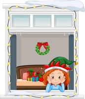 View through the window of cartoon character in Christmas theme vector