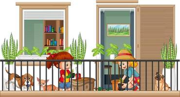 Balcony scene with cartoon characters vector