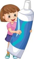 A little girl holding toothpaste on white background vector