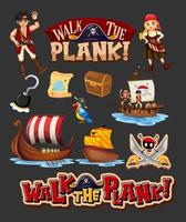 Set of pirate cartoon characters and objects vector