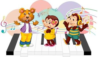 Cute animal sing a song with music notes on piano vector