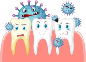 Dental and different teeth condition with bacteria on white background vector