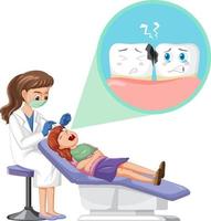 dentista mujer examinando los dientes del paciente sobre fondo blanco vector