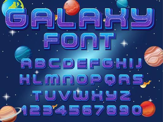 A set of English alphabet space font on space background