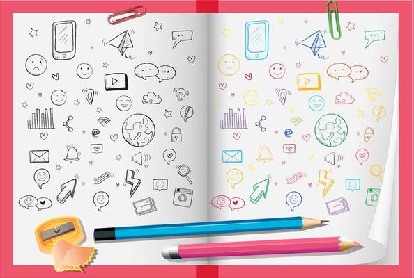 Hand drawn doodle icons on paper with pencils