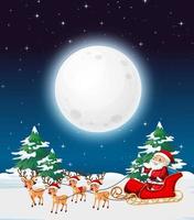 Snowy winter night with Christmas santa claus on sleigh vector