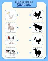 Matching Farm animal shadow worksheet vector