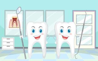 dientes grandes felices sosteniendo un kit de examen dental en la clínica vector